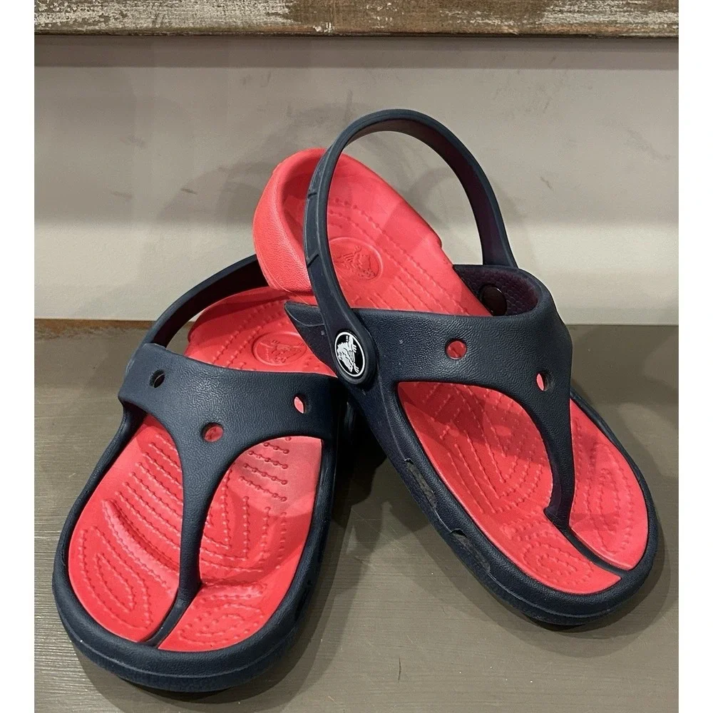 Crocs Electro Flip Kids Size 10 c 11 Navy Red Slides Slingback Thong‎ Sandals